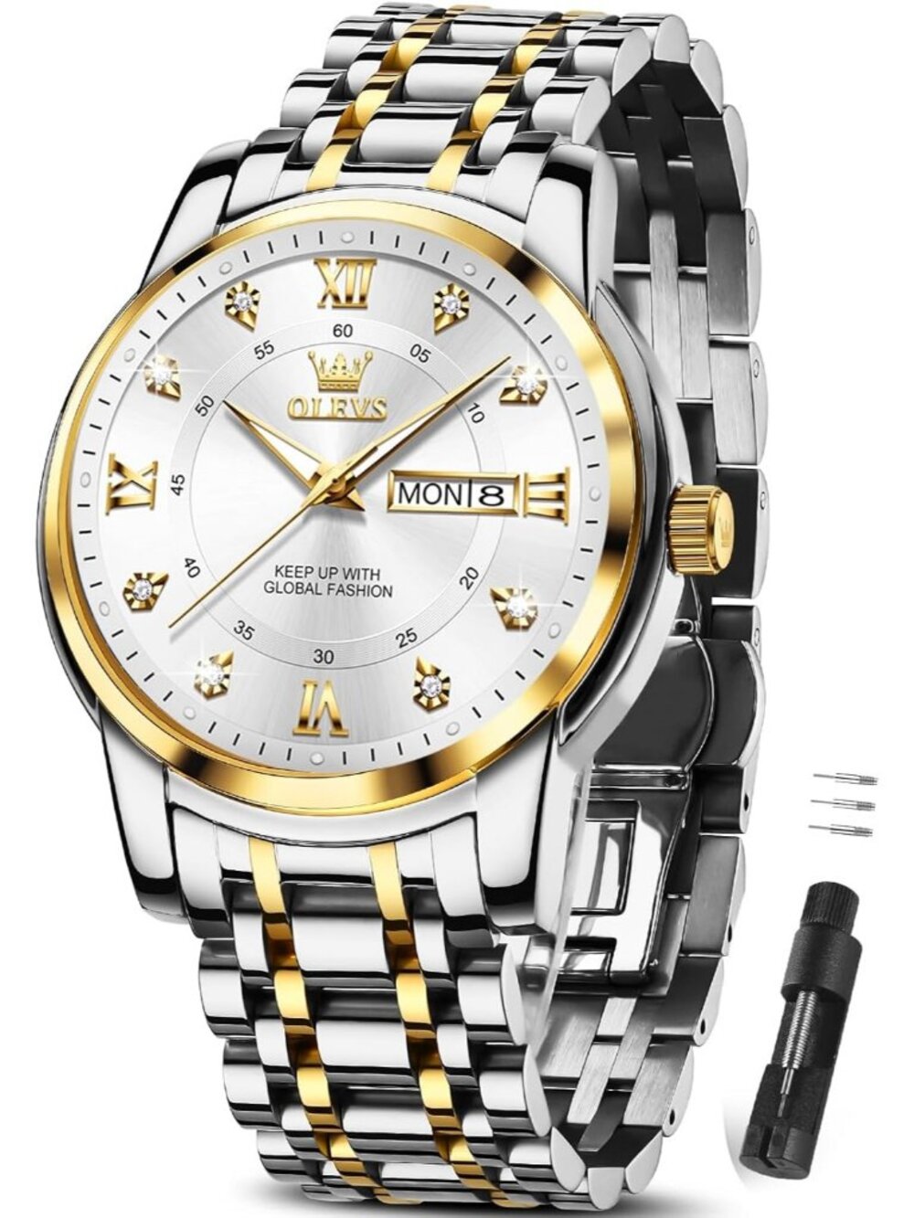 Mens Silver White Face Stainless Luminous Quartz Waterproof Dimond Classic Watch